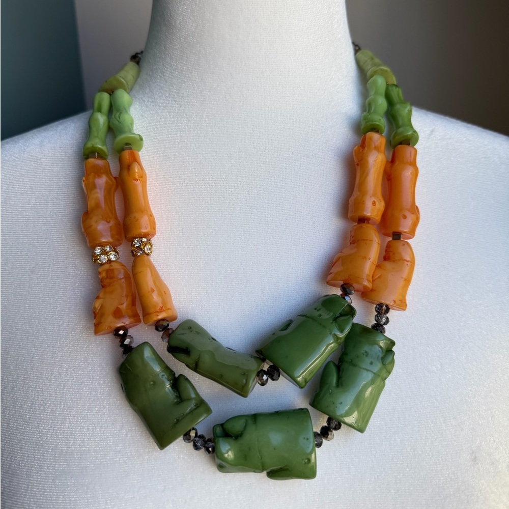 Anthropologie Green Orange Vedura Segment Necklace Chunky Double Strand Toggle